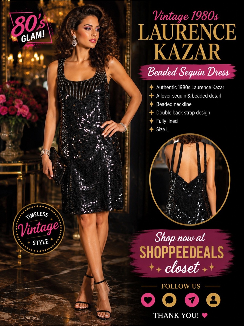 Vintage 1980s Laurence Kazar Black Sequin Beaded Dress Size L